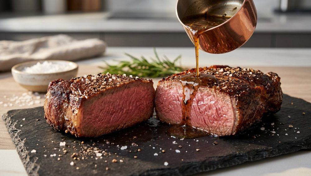**Alt text:** A close-up of a sliced, medium-rare beef steak on a dark slate board, with a glossy herb sauce being drizzled over its juicy pink interior and caramelized crust.