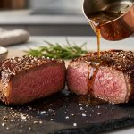 **Alt text:** A close-up of a sliced, medium-rare beef steak on a dark slate board, with a glossy herb sauce being drizzled over its juicy pink interior and caramelized crust.