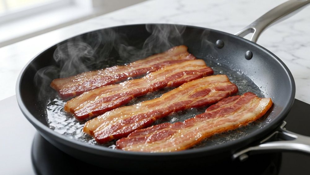**Alt Text:** A close-up photograph of flat, thick-cut bacon cooking in a dark skillet with simmering water and gentle steam, set against a blurred kitchen countertop.