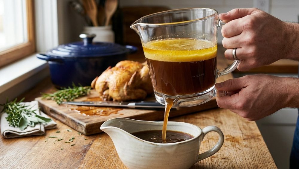 **Alt Text:** A close-up photo of a glass fat separator on a rustic wooden countertop. Inside, a layer of glowing golden fat floats cleanly atop rich, dark beef broth, which pours from the bottom release valve into a ceramic gravy boat. The background is a warm, soft-focus kitchen.