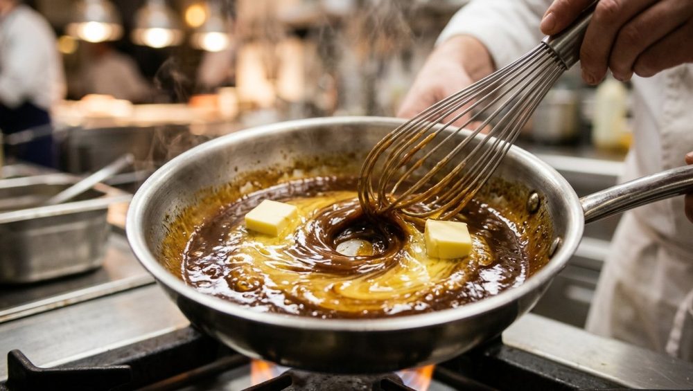 A macro close-up of a wire whisk stirring cubes of melting butter into a rich, glossy dark reduction sauce in a stainless steel skillet.