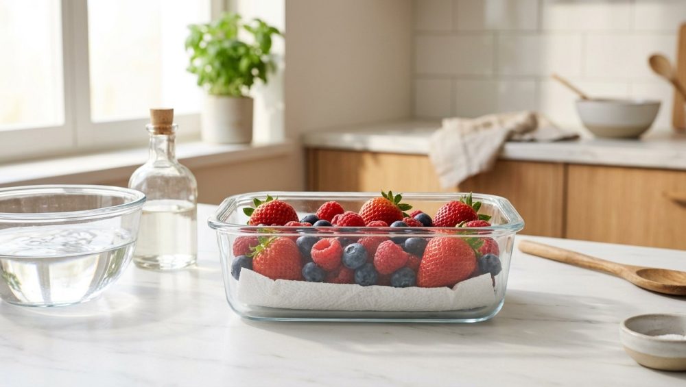 **Alt text:** Fresh strawberries, raspberries, and blueberries arranged in a clear glass container lined with a paper towel on a sunlit white marble countertop.