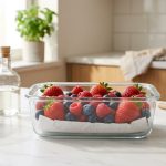**Alt text:** Fresh strawberries, raspberries, and blueberries arranged in a clear glass container lined with a paper towel on a sunlit white marble countertop.