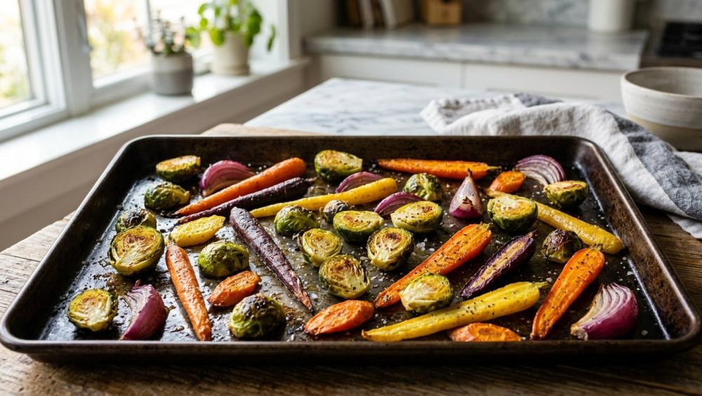**Alt text:** Perfectly roasted Brussels sprouts, heirloom carrots, and red onions with crispy, caramelized edges, spaced out on a dark metal baking sheet.