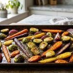 **Alt text:** Perfectly roasted Brussels sprouts, heirloom carrots, and red onions with crispy, caramelized edges, spaced out on a dark metal baking sheet.