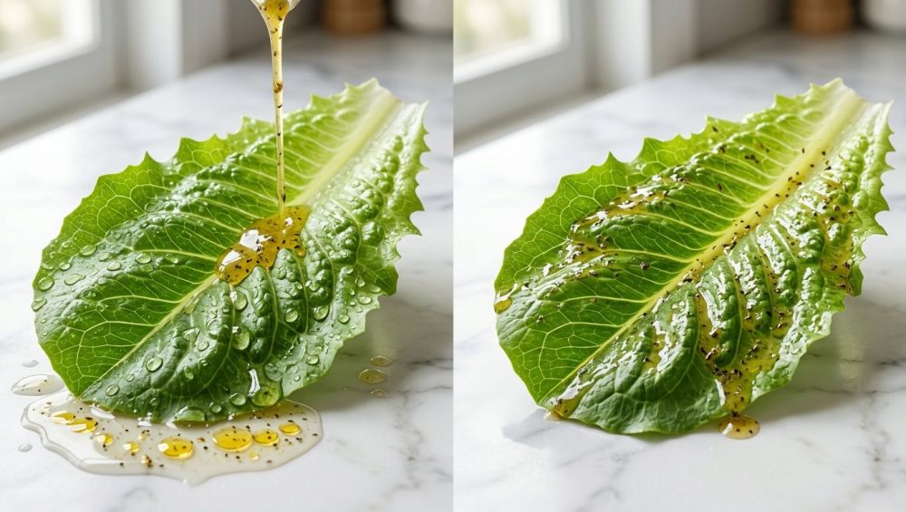**Alt text:** A side-by-side macro comparison of salad dressing on romaine lettuce. On the left, a wet, water-droplet-covered leaf causes golden vinaigrette to bead up and slide off. On the right, the dressing clings evenly and beautifully to a dry, crisp leaf.