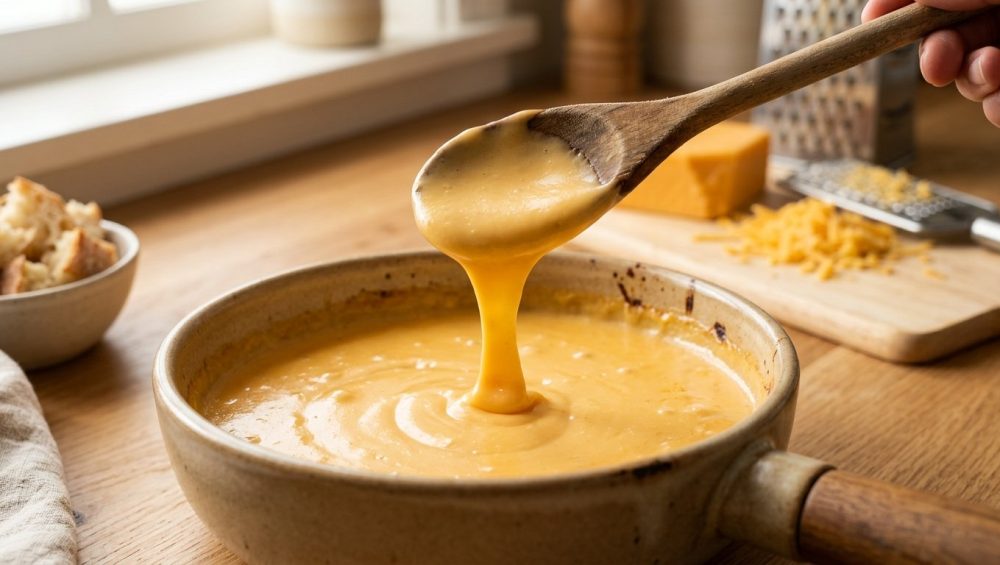 A close-up of smooth, glossy melted cheese sauce in a ceramic pan, with a wooden spoon lifting a thick, velvety stream. A block of cheddar cheese and a grater are softly blurred in the warm-lit kitchen background.
