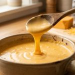 A close-up of smooth, glossy melted cheese sauce in a ceramic pan, with a wooden spoon lifting a thick, velvety stream. A block of cheddar cheese and a grater are softly blurred in the warm-lit kitchen background.