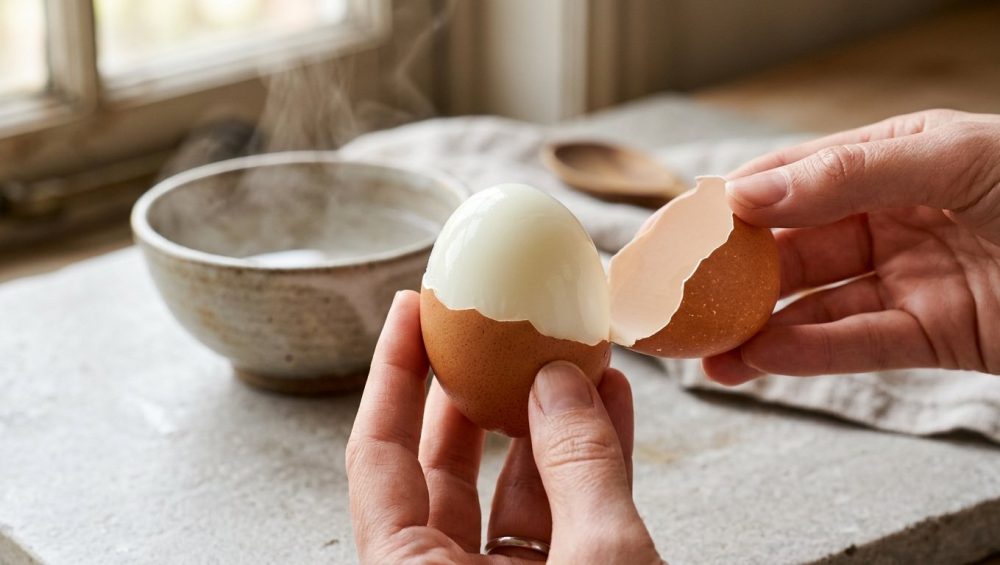 A close-up photograph of a hard-boiled brown egg being cleanly peeled on a gray stone countertop. Large, intact pieces of shell slide off to reveal a glossy, perfectly smooth white egg under bright, natural morning light.