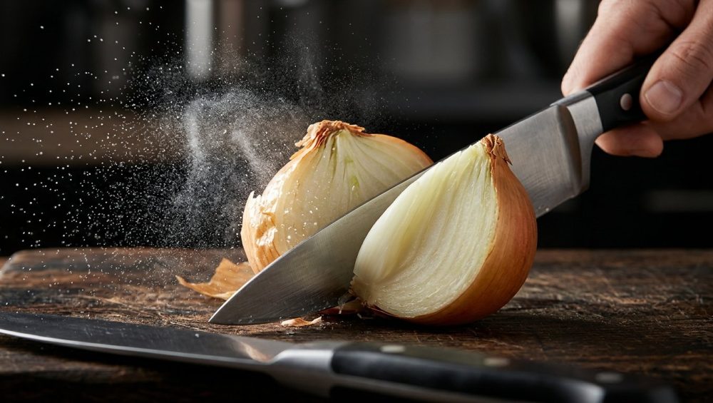 **Alt text:** Extreme macro photo of a knife slicing a yellow onion, contrasting a clean, smooth cut on one side with a bruised cut releasing a fine mist of juice.