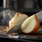 **Alt text:** Extreme macro photo of a knife slicing a yellow onion, contrasting a clean, smooth cut on one side with a bruised cut releasing a fine mist of juice.