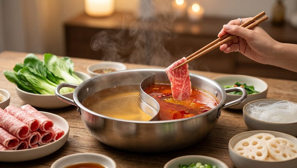 **Alt text:** A high-end food photograph of a dual-sided hot pot simmering with golden and red broths. A hand uses chopsticks to dip a thin slice of marbled Wagyu beef into the broth, surrounded by fresh ingredients like bok choy and lotus root on a rustic wooden table.