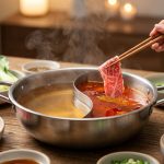 **Alt text:** A high-end food photograph of a dual-sided hot pot simmering with golden and red broths. A hand uses chopsticks to dip a thin slice of marbled Wagyu beef into the broth, surrounded by fresh ingredients like bok choy and lotus root on a rustic wooden table.