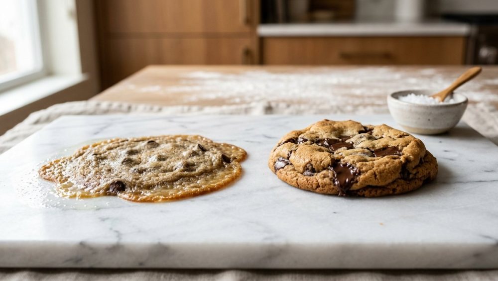 Side-by-side comparison of two chocolate chip cookies on a white marble surface: a flat, greasy, over-spread cookie on the left, and a thick, golden-brown, bakery-style cookie with melted chocolate on the right.