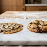 Side-by-side comparison of two chocolate chip cookies on a white marble surface: a flat, greasy, over-spread cookie on the left, and a thick, golden-brown, bakery-style cookie with melted chocolate on the right.
