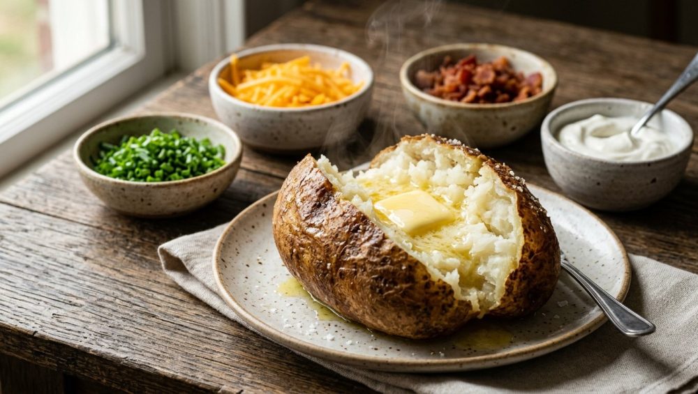 **Alt text:** A steaming baked potato sliced open with melting butter on its fluffy interior, with bowls of chives, cheese, and bacon in the soft-focus background.
