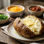 **Alt text:** A steaming baked potato sliced open with melting butter on its fluffy interior, with bowls of chives, cheese, and bacon in the soft-focus background.