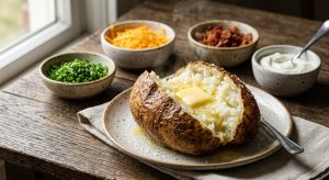**Alt text:** A steaming baked potato sliced open with melting butter on its fluffy interior, with bowls of chives, cheese, and bacon in the soft-focus background.