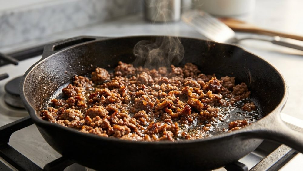 **Alt text:** A close-up shot of ground beef searing in a hot cast-iron skillet, showing a rich, mahogany caramelized crust, sizzling oil, and a light wisp of steam.