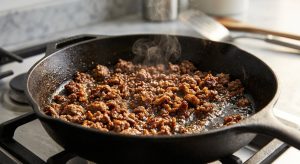 **Alt text:** A close-up shot of ground beef searing in a hot cast-iron skillet, showing a rich, mahogany caramelized crust, sizzling oil, and a light wisp of steam.