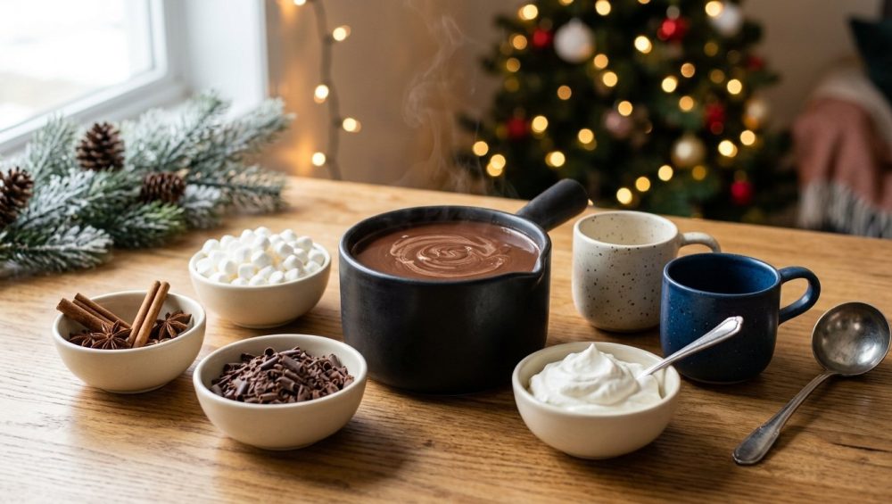 **Alt text:** A cozy DIY hot chocolate station on a wooden counter, featuring a steaming ceramic pot of rich cocoa, small bowls of marshmallows, whipped cream, and toppings, two empty ceramic mugs, and warm, soft-focus holiday lights in the background.