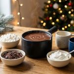 **Alt text:** A cozy DIY hot chocolate station on a wooden counter, featuring a steaming ceramic pot of rich cocoa, small bowls of marshmallows, whipped cream, and toppings, two empty ceramic mugs, and warm, soft-focus holiday lights in the background.