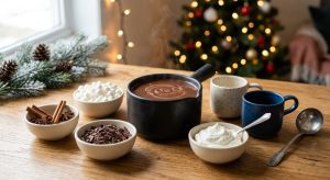 **Alt text:** A cozy DIY hot chocolate station on a wooden counter, featuring a steaming ceramic pot of rich cocoa, small bowls of marshmallows, whipped cream, and toppings, two empty ceramic mugs, and warm, soft-focus holiday lights in the background.