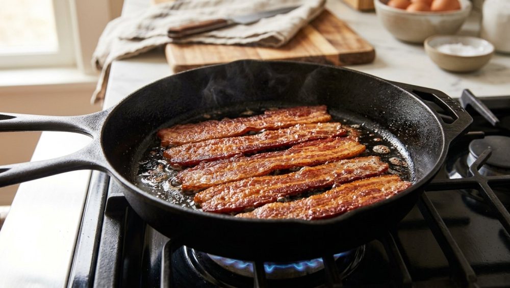 **Alt Text:** Thick-cut bacon strips sizzling in a cast-iron skillet, illuminated by warm morning light with a softly blurred kitchen background.