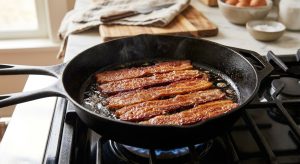 **Alt Text:** Thick-cut bacon strips sizzling in a cast-iron skillet, illuminated by warm morning light with a softly blurred kitchen background.