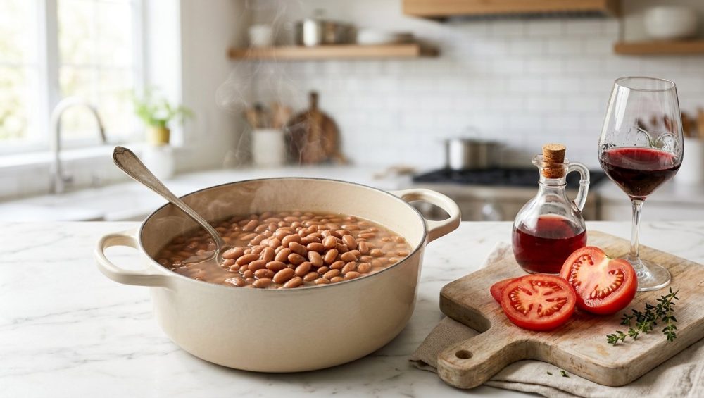 **Alt text:** A steaming cream-colored pot of simmering brown beans on a marble countertop, next to a wooden cutting board with a sliced red tomato, red wine vinegar, and a glass of red wine in a bright kitchen.