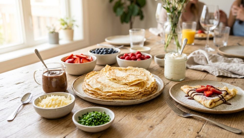 An elegant DIY crepe station set on a sunlit wooden table, featuring a stack of golden-edged crepes, bowls of fresh berries, chocolate hazelnut spread, and a folded crepe lightly dusted with powdered sugar.