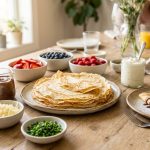 An elegant DIY crepe station set on a sunlit wooden table, featuring a stack of golden-edged crepes, bowls of fresh berries, chocolate hazelnut spread, and a folded crepe lightly dusted with powdered sugar.