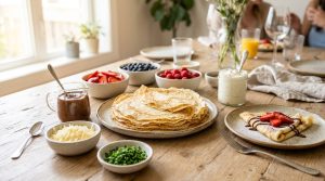An elegant DIY crepe station set on a sunlit wooden table, featuring a stack of golden-edged crepes, bowls of fresh berries, chocolate hazelnut spread, and a folded crepe lightly dusted with powdered sugar.