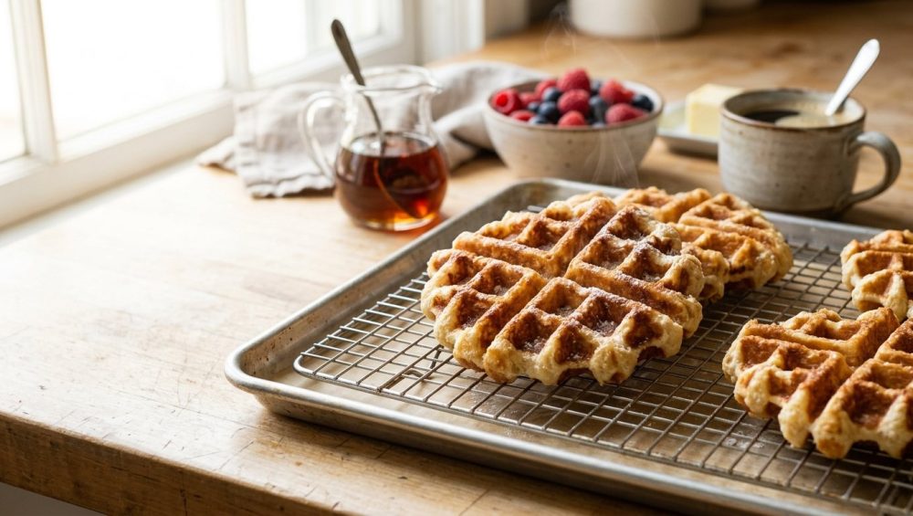**Alt text:** Freshly baked, golden-brown Belgian waffles cooling on a wire rack, bathed in soft morning sunlight on a wooden kitchen counter. In the blurry background, a pitcher of maple syrup, fresh berries, and a coffee mug complete the cozy brunch scene.