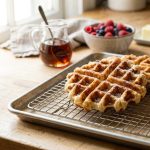 **Alt text:** Freshly baked, golden-brown Belgian waffles cooling on a wire rack, bathed in soft morning sunlight on a wooden kitchen counter. In the blurry background, a pitcher of maple syrup, fresh berries, and a coffee mug complete the cozy brunch scene.