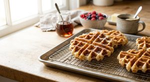 **Alt text:** Freshly baked, golden-brown Belgian waffles cooling on a wire rack, bathed in soft morning sunlight on a wooden kitchen counter. In the blurry background, a pitcher of maple syrup, fresh berries, and a coffee mug complete the cozy brunch scene.