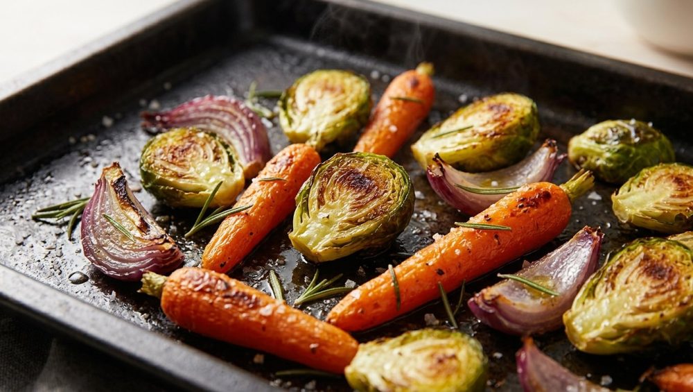 **Alt text:** A close-up of roasted vegetables—including caramelized Brussels sprouts, baby carrots, and red onion—with crispy, blistered edges on a dark baking sheet, sprinkled with sea salt and fresh rosemary.
