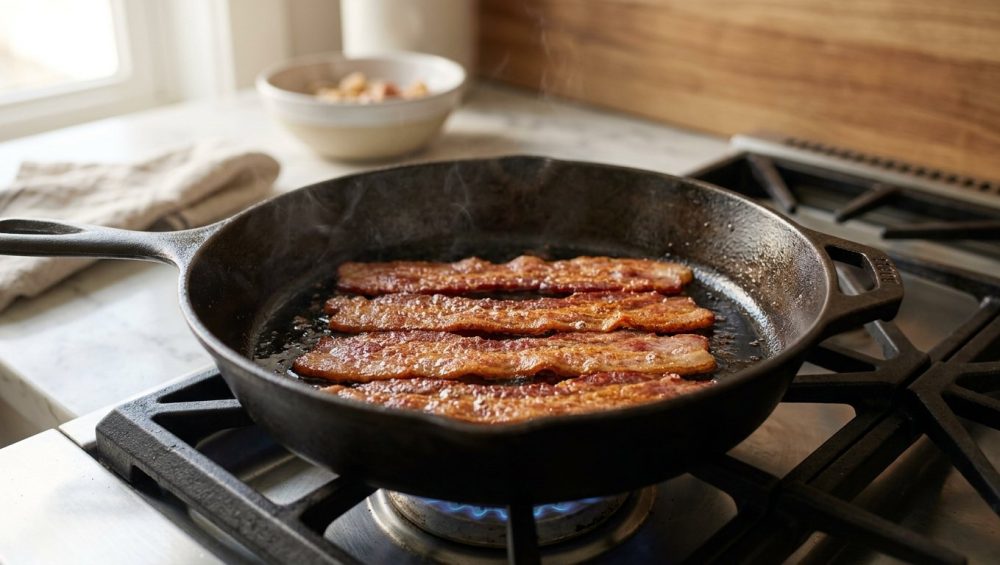 **Alt text:** A close-up photograph of thick, straight bacon strips cooking to a golden-brown crisp in a cast-iron skillet, glistening with rendered fat under soft, warm sunlight.