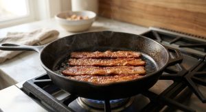 **Alt text:** A close-up photograph of thick, straight bacon strips cooking to a golden-brown crisp in a cast-iron skillet, glistening with rendered fat under soft, warm sunlight.
