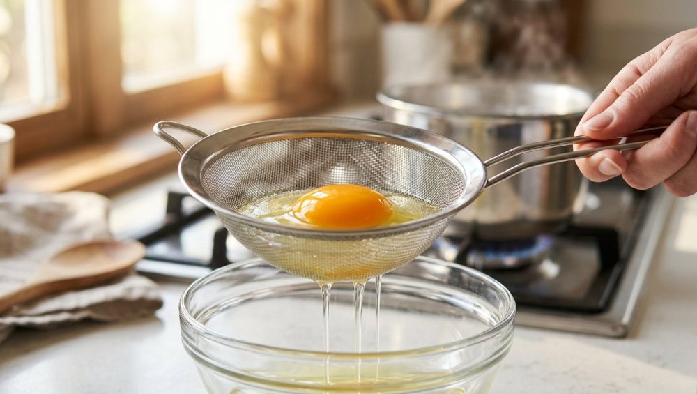 **Alt text:** A close-up photograph of a raw egg in a stainless steel mesh sieve held over a glass bowl. The thick white and vibrant orange yolk are cradled in the sieve, while the thin, watery white drips through. Bright, warm morning light illuminates the clean, softly blurred kitchen background.