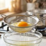 **Alt text:** A close-up photograph of a raw egg in a stainless steel mesh sieve held over a glass bowl. The thick white and vibrant orange yolk are cradled in the sieve, while the thin, watery white drips through. Bright, warm morning light illuminates the clean, softly blurred kitchen background.