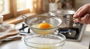 **Alt text:** A close-up photograph of a raw egg in a stainless steel mesh sieve held over a glass bowl. The thick white and vibrant orange yolk are cradled in the sieve, while the thin, watery white drips through. Bright, warm morning light illuminates the clean, softly blurred kitchen background.