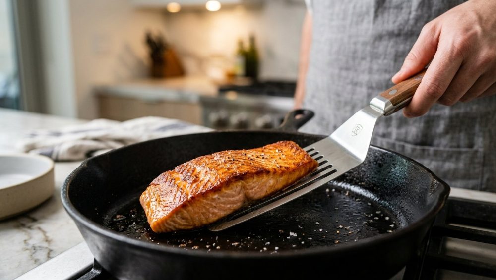 **Alt text:** Close-up of a flexible metal spatula sliding under a seared salmon fillet with a crispy, golden-brown crust in a cast-iron skillet.