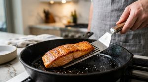 **Alt text:** Close-up of a flexible metal spatula sliding under a seared salmon fillet with a crispy, golden-brown crust in a cast-iron skillet.