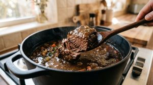 A close-up of rich beef stew simmering in a black cast-iron Dutch oven. A wooden spoon lifts a tender, glistening chunk of beef from the thick gravy, with a delicate wisp of steam rising in warm light.