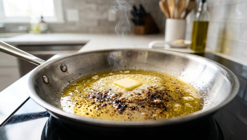 **Alt text:** Macro shot of a stainless steel pan where melting butter is scorching in olive oil, showing dark burnt milk solids at the bottom and a thin wisp of smoke rising.