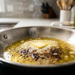 **Alt text:** Macro shot of a stainless steel pan where melting butter is scorching in olive oil, showing dark burnt milk solids at the bottom and a thin wisp of smoke rising.