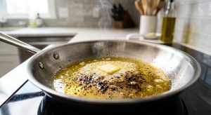 **Alt text:** Macro shot of a stainless steel pan where melting butter is scorching in olive oil, showing dark burnt milk solids at the bottom and a thin wisp of smoke rising.