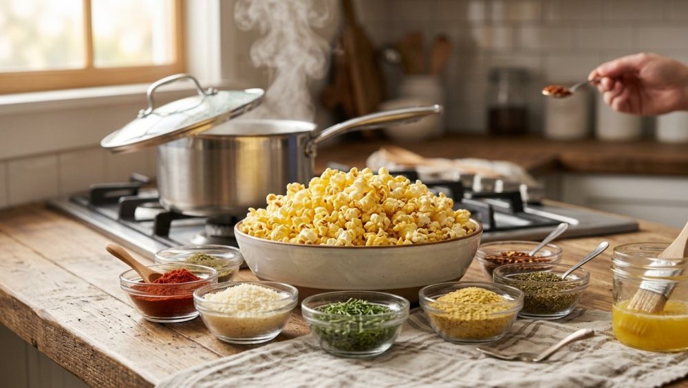 A large ceramic bowl of fluffy, golden popcorn sits on a wooden kitchen counter, surrounded by small glass dishes of colorful gourmet seasonings. In the soft-focus background, a stainless steel pot releases a gentle wisp of steam under warm, natural light.