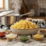 A large ceramic bowl of fluffy, golden popcorn sits on a wooden kitchen counter, surrounded by small glass dishes of colorful gourmet seasonings. In the soft-focus background, a stainless steel pot releases a gentle wisp of steam under warm, natural light.